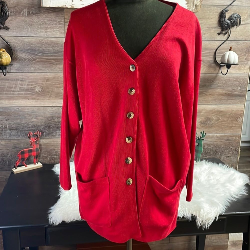 Express Tricot Ladies Red Button Sweater Jacket , Size M